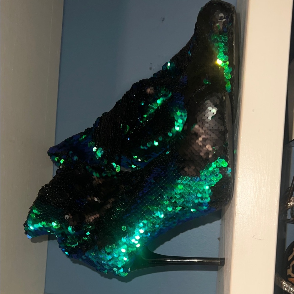 Wild Diva Green and Black Sequin Stiletto Ankle Boots